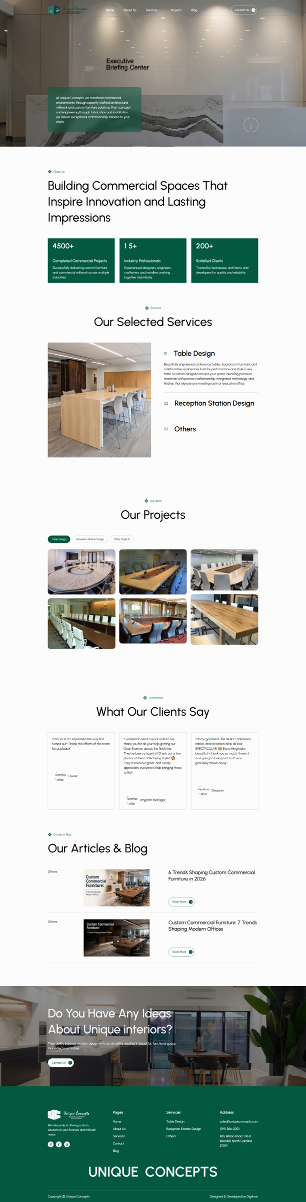 Unique Concepts website showcasing custom commercial furniture, table and reception station design services, and project imagery.