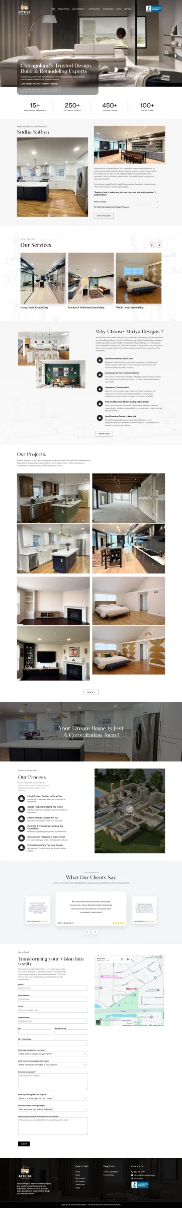Attriya Designs homepage showcasing interior design and remodeling services, residential project transformations, and consultation options.